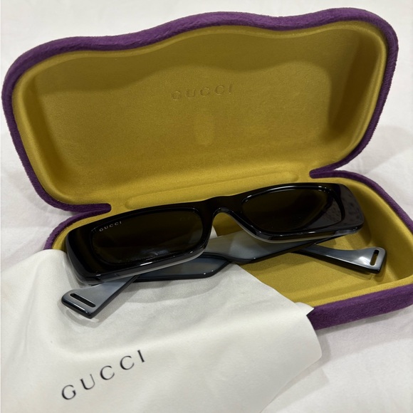 Gucci Fluo Rectangular Sunglasses in Shiny Black & Grey Solid - Picture 2 of 13
